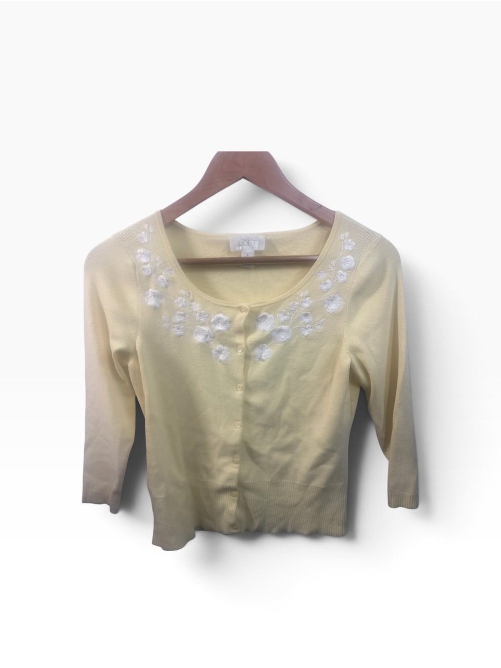 LOFT Butter Yellow Embroidered Floral Round Neck Cardigan Sweater Size Small